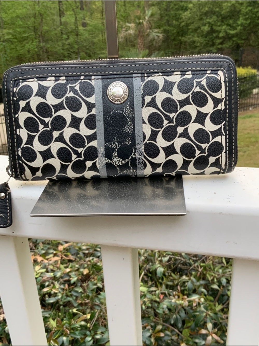 Coach Black and White Signature Zip Wallet with Center Stripe